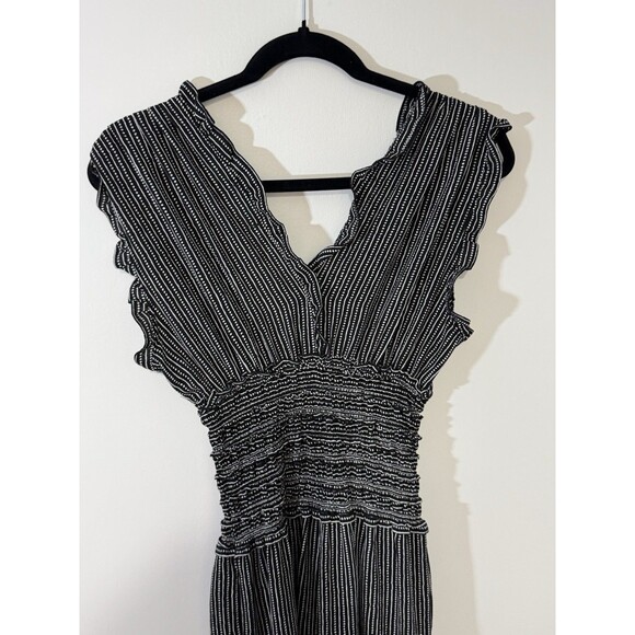 francesca's Black White Striped Sleeveless Wide-Leg Jumpsuit Ruffle Trim S - Picture 7 of 7